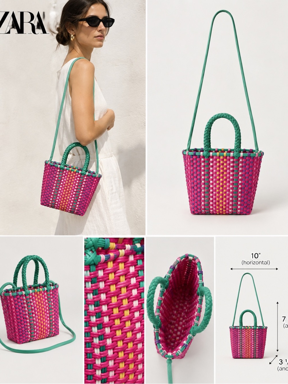 Zara Pink and Green Woven Tote with Multicolor Accents